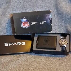 Black NFL SAINTS Watch with Leather Strap & Wallet Gift Box
